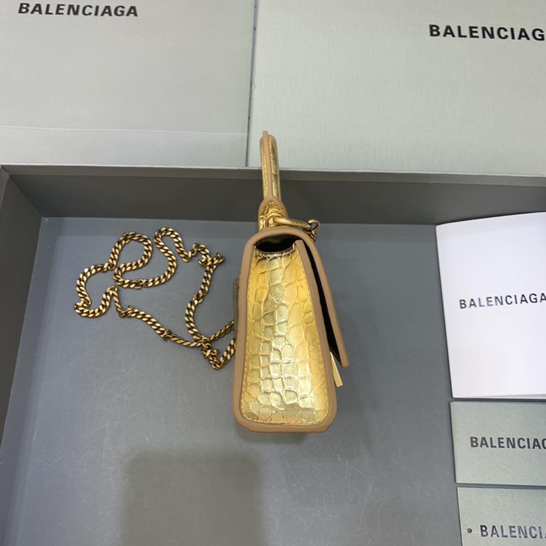 Balenciaga Hourglass Mini Handbag With Chain Crocodile Embossed Shoulder Bag Gold